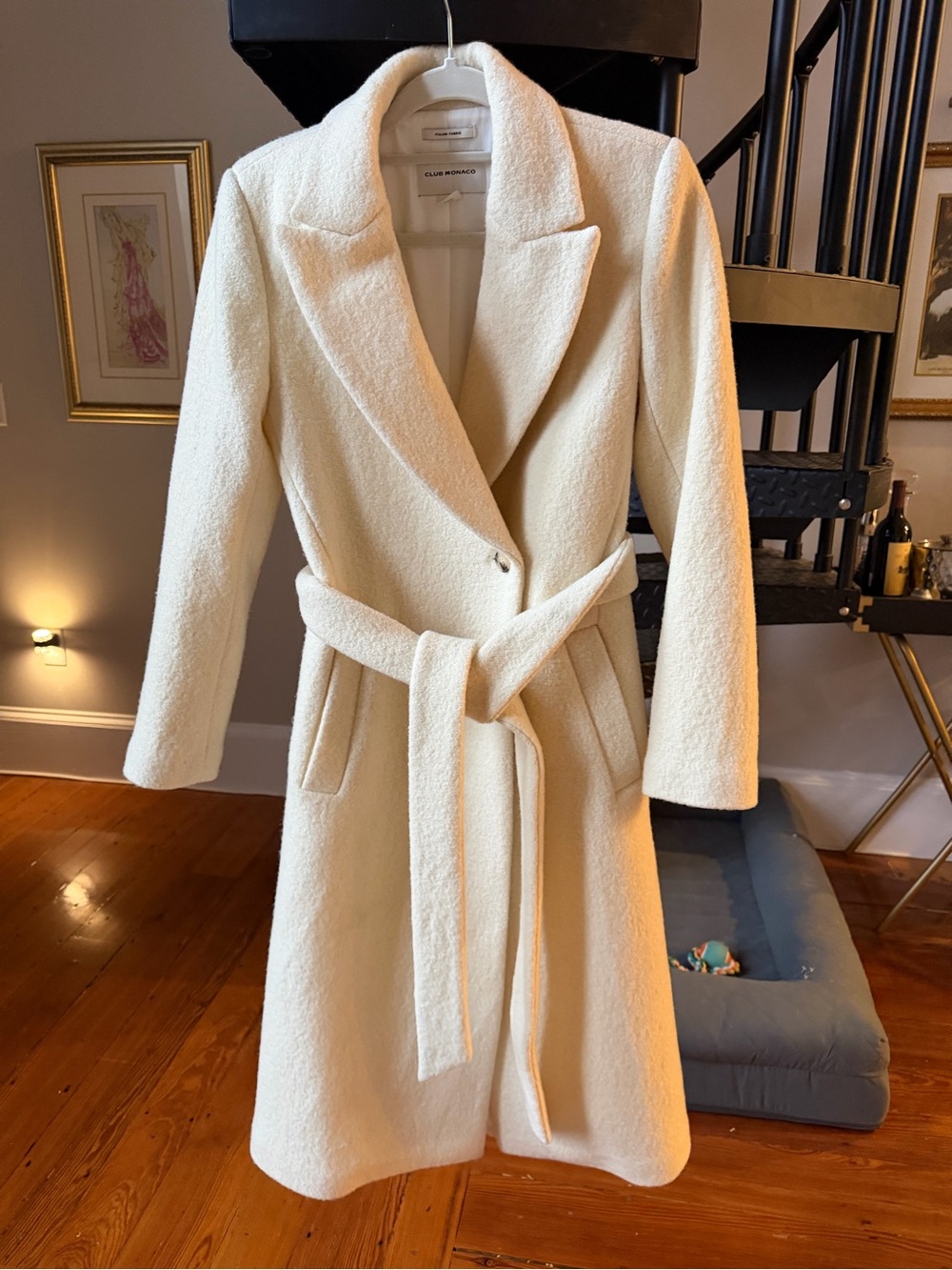 Club Monaco Women's Cream Belted 100% Wool Coat